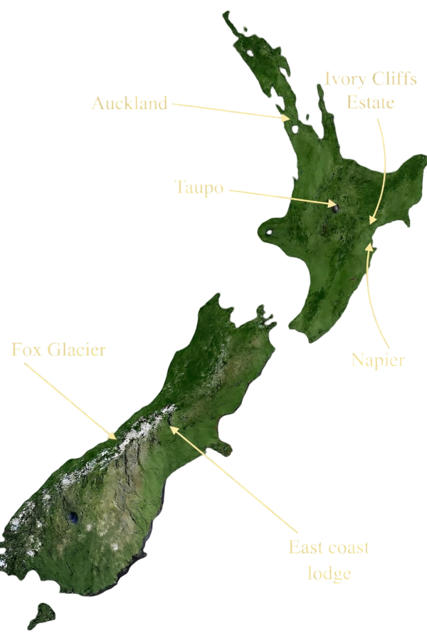 New Zealand map showing location of Ivory Cliffs Estate and othe key locations
